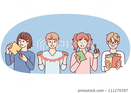 Happy boys and girls with scissors create applications from multi-colored paper. Vector image Happy boys and girls with scissors create applications from multi-colored paper. Vector image 111270397