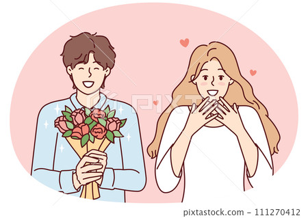 Romantic man holding flowers and happy woman delighted with gift from boyfriend. Vector image 111270412