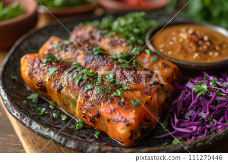 Large plate of cabbage rolls with black rice. 111270446