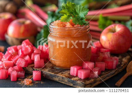 Jar of homemade rhubarb sauce. 111270451