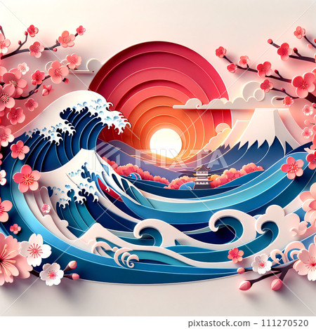 A paper art  Mount Fuji at sunrise with cherry blossoms, 111270520
