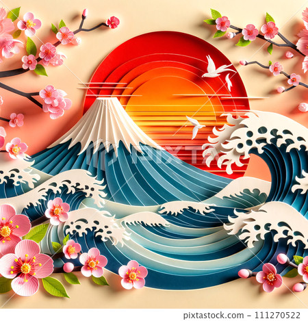 paper art Mount Fuji at sunrise, adorned with cherry blossoms 111270522