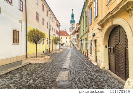 Firewatch Tower with historic street in Sopron, Hungary. 111270569