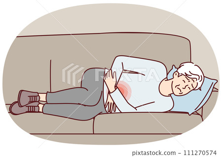 Elderly man lies on couch is experiencing pain in stomach and weakness after poisoning. Vector image 111270574