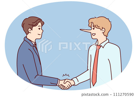 Man with long nose shakes hands with partner in business clothes trying to cheat. Vector image Man with long nose shakes hands with partner in business clothes trying to cheat. Vector image 111270590