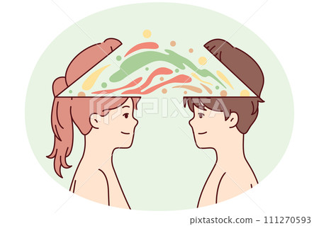 Boy and girl with colorful splashes of paint near heads symbolize joint brainstorming. Vector image 111270593