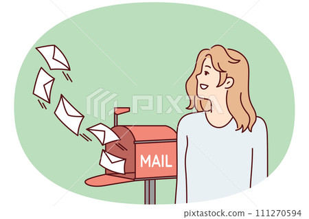 Woman standing outdoor with smile looks at letters flying out mailbox. Vector image 111270594