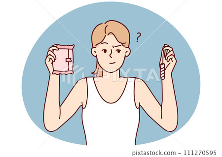 Thoughtful woman holding tampon and pad choosing what to use during menstruation. Vector image 111270595