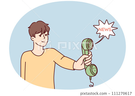 Young man holds out landline phone to share news or important information. Vector image 111270617