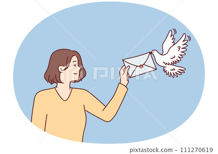 Smiling woman holds out envelope to pigeon to deliver message to boyfriend or friends. Vector image 111270619