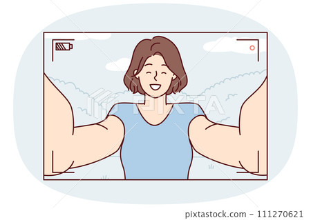 Camera view with woman filming herself with arms outstretched to create video selfie. Vector image 111270621