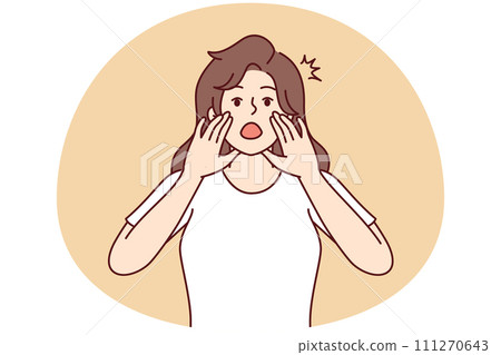 Woman screams loudly using palms instead of gramophone tell important news. Vector image Woman screams loudly using palms instead of gramophone tell important news. Vector image 111270643