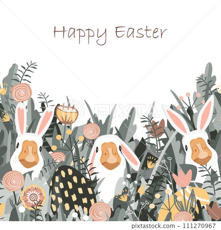 Cute geese wearing Easter bunny ears looking out of the grass. Easter eggs hunting card. Funny Easter bunny vector background. Spring vector Template 111270967