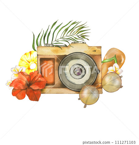 Watercolor illustration for beach holiday. Hand-drawn summer objects: camera sunglasses hibiscus flower palm branch beach shoes pineapple. isolated on white background. for summer textile accessories Watercolor illustration for beach holiday. Hand-drawn summer objects: camera sunglasses hibiscus flower palm branch beach shoes pineapple. isolated on white background. for summer textile accessories 111271103