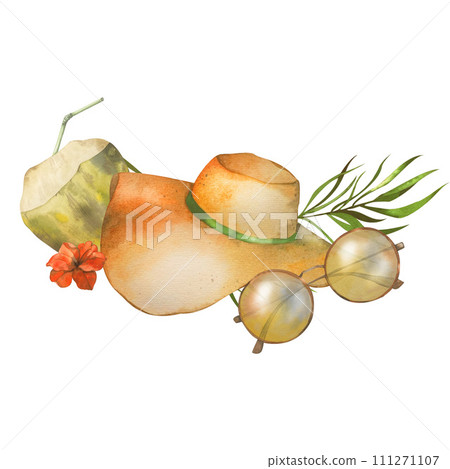 Watercolor composition for beach holiday. Hand-drawn summer objects: hat sunglasses hibiscus flower palm branch. isolated on white background. for the design of summer textile accessories postcards. Watercolor composition for beach holiday. Hand-drawn summer objects: hat sunglasses hibiscus flower palm branch. isolated on white background. for the design of summer textile accessories postcards. 111271107