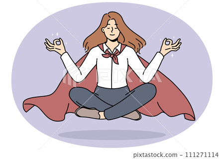 Businesswoman in cape meditate floating in air 111271114