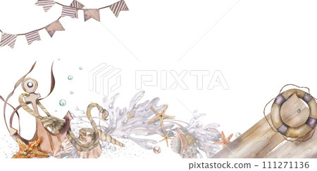 marine-themed banner. shells, corals, starfish, algae, anchor, lifebuoy, flags. glass jar. watercolor illustration. isolated on a white background. For textiles, clothing beach, summer accessories 111271136