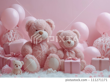 teddy bears and balloons on a pink background for baby girl 111271171