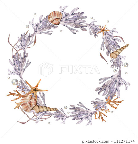 frame is a wreath on a marine theme. shells, corals, starfish, algae. watercolor illustration. isolated on a white background. For fabric, textiles, wallpaper, clothing beach, summer accessories frame is a wreath on a marine theme. shells, corals, starfish, algae. watercolor illustration. isolated on a white background. For fabric, textiles, wallpaper, clothing beach, summer accessories 111271174