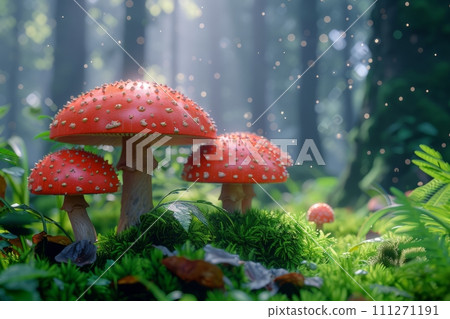 these red mushrooms in the forest are the perfect mushroom for this article 111271191