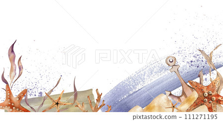 marine-themed banner. shells, corals, starfish, algae, anchor. watercolor illustration. isolated on a white background. For fabric, textiles, wallpaper, clothing beach, summer accessories marine-themed banner. shells, corals, starfish, algae, anchor. watercolor illustration. isolated on a white background. For fabric, textiles, wallpaper, clothing beach, summer accessories 111271195