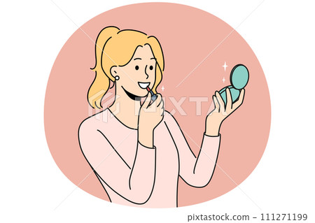 Smiling woman look in mirror do makeup Smiling woman look in mirror do makeup 111271199