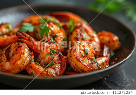roasted shrimp in a black or brown plate roasted shrimp in a black or brown plate 111271224