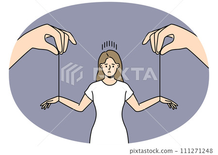 Huge hands manipulate stressed woman Huge hands manipulate stressed woman 111271248