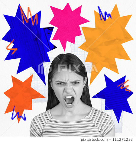 Poster. Contemporary art collage. Angry woman in monochrome filter with colorful burst speech bubbles illustrating intense emotion. 111271252