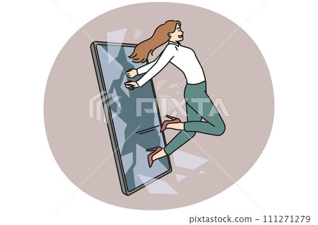 Businesswoman jump out of cellphone Businesswoman jump out of cellphone 111271279