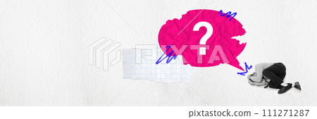 Banner. Modern aesthetic artwork. Young depressed man in monochrome filter lying on floor with pink speech bubble with question mark. Banner. Modern aesthetic artwork. Young depressed man in monochrome filter lying on floor with pink speech bubble with question mark. 111271287