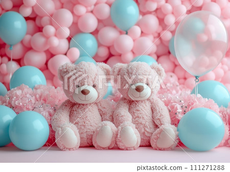 teddy bears and balloons on a pink background for baby girl teddy bears and balloons on a pink background for baby girl 111271288