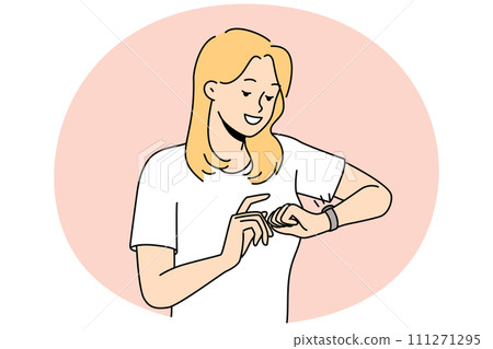 Smiling woman check time on wristwatch 111271295