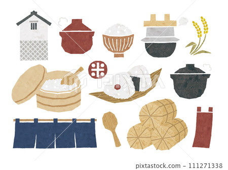 水彩畫米圖示、米、鍋子、陶罐、碗等。 111271338