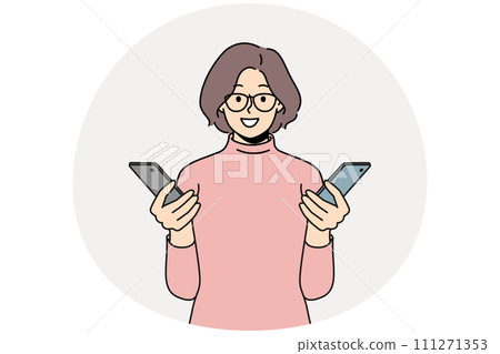 Smiling woman hold cellphones in hands 111271353