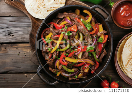 stir fry beef with colored peppers and onion for Mexican fajitas on wooden table. Ai generative 111271528
