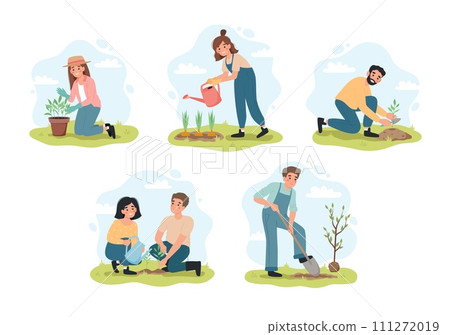People gardening in spring. Men and women planting, watering and taking care of plants. illustartion set in flat cartoon style 111272019