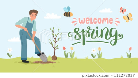 Man digging up ground with shovel to plant a tree. Male working in garden. Banner with lettering, illustartion in flat cartoon style 111272037