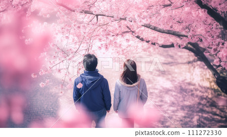 一對情侶在賞櫻日的後視圖 一對情侶在賞櫻日的後視圖 111272330