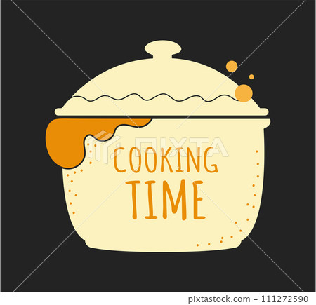 Cook logo. Restaurant kitchen chef emblem. Cooking time. Food preparing pan. Culinary course service sign. Gourmet cookery badge. Gastronomy symbol. Cooker saucepan. Vector label design 111272590