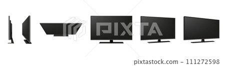 Smart TV. Television plasma screen. Realistic monitor view angles. 3D led 4K electronic or black LCD computer display. Wall frame. Isolated multimedia equipment. Vector mockups set 111272598