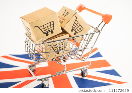 Box with shopping online cart logo and United Kingdom flag, Import Export commerce finance delivery trade. 111272629
