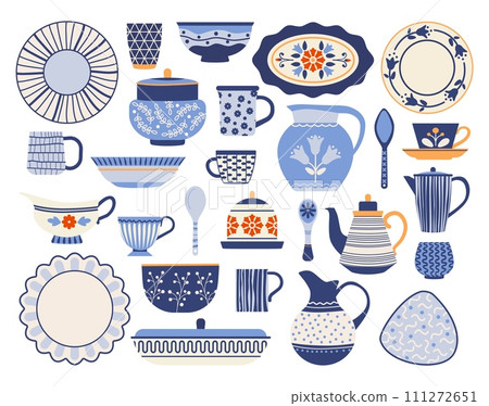 Kitchen ceramic. Dining utensil. Patterned dishes. Porcelain cup or jug. Tableware ornament. Bowl and plate. Household cooking spoon. Teapot and glass mug. Vector cartoon crockery set Kitchen ceramic. Dining utensil. Patterned dishes. Porcelain cup or jug. Tableware ornament. Bowl and plate. Household cooking spoon. Teapot and glass mug. Vector cartoon crockery set 111272651