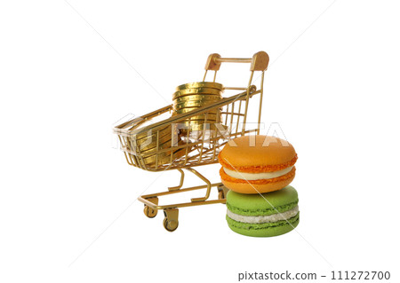 PNG, Coins in shopping cart and macarons, isolated on white background 111272700