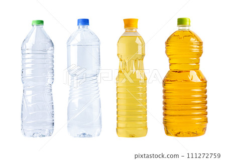 Water and Vegetable oil in different bottle for cooking isolated on white background. 111272759