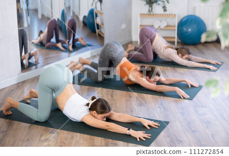 Skilled young females performing cat-cow pose of yoga in training room 111272854