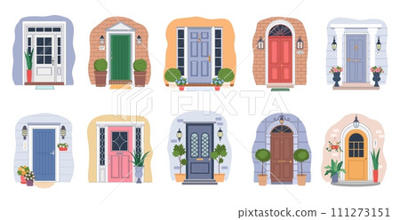 House doors. Apartment front entrance, home flower wall with porch lamp and welcome mat. Glass and wood door. Architectural modern and classic exterior. Vector flat cartoon set House doors. Apartment front entrance, home flower wall with porch lamp and welcome mat. Glass and wood door. Architectural modern and classic exterior. Vector flat cartoon set 111273151
