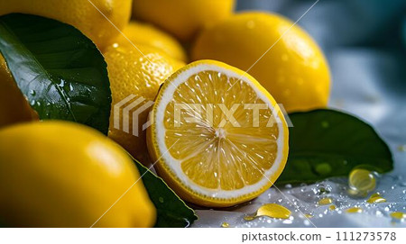 Fresh citrus fruits on display, vibrant yellow lemons, one cut in half reveals juicy interior. a picture of summer. AI 111273578