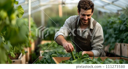 Smiling man tending to plants in a sunny greenhouse. casual gardener at work. sustainable living. organic farming. AI 111273580
