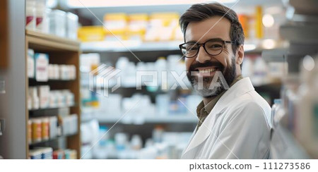 Smiling pharmacist standing in a pharmacy store. professional healthcare worker in a white coat. friendly pharmacy atmosphere. AI Smiling pharmacist standing in a pharmacy store. professional healthcare worker in a white coat. friendly pharmacy atmosphere. AI 111273586